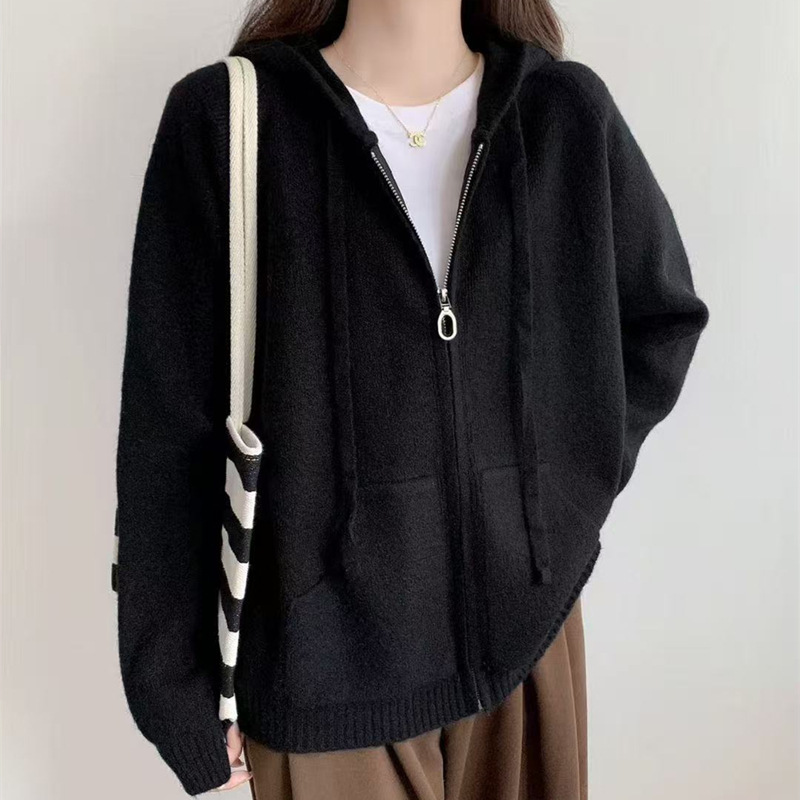 慵懒风大口袋连帽针织衫外套女2025秋冬新款韩系休闲百针织上衣女|undefined