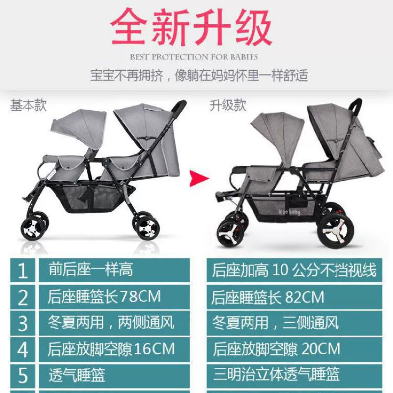 Folding stroller for twins, children's trolley for double with seat, can sit and lie