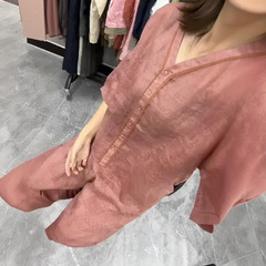 25018大愛美依縁2025新デザイン感文芸レトロゆるいvネック上着ワイドパンツ2点セット