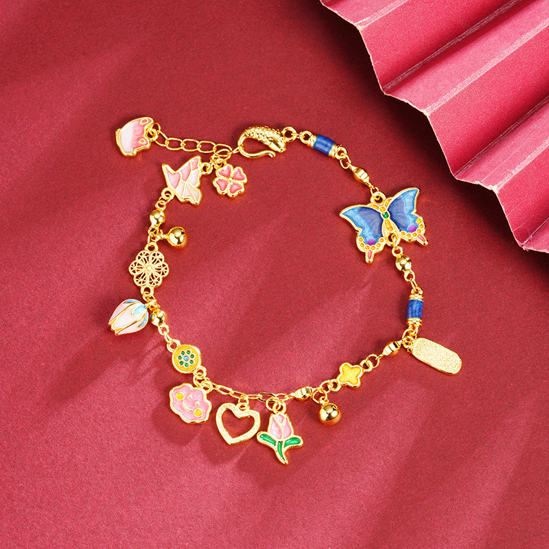 Nuevo estilo chino antiguo pulsera de oro estilo palacio colorido pulsera de mariposa azul para mujeres no se desvanecen joyas de mano
