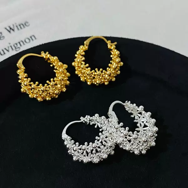 Copper Gold-Plated French-Style Hollow-Out Fireworks Metal Hoop Earrings for Women, New High-End Fashion Hoop Earrings