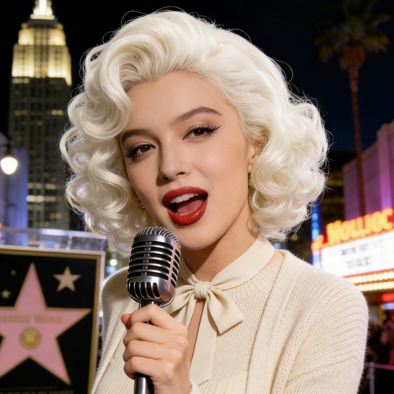 European and American Marilyn Monroe Cosplay Wig for Women, Fluffy Light Gold Hand-Curled Short Hair, Holiday Party Short Hair