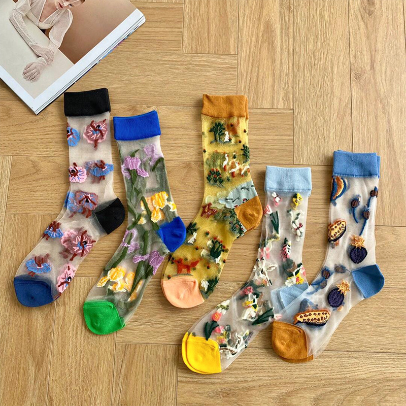 Bonnemaison Mid-Calf Stockings for Women, Floral Ultra-Thin Glass Silk, Vintage Artistic French Trendy Brand Socks, Fruit Bonnemaison Mid-Calf Stockings for Women, Floral Ultra-Thin Glass Silk, Vintage Artistic French Trendy Brand Socks, Fruit