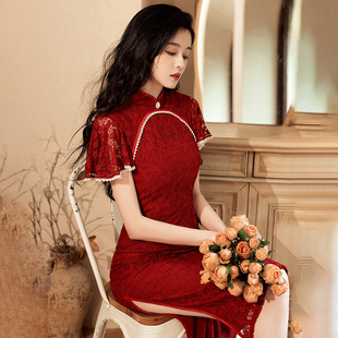 Wine Red Cheongsam Young Girl's Wedding Bride Toast Dress Improved Waisted Dress Chinese Style Summer and Autumn