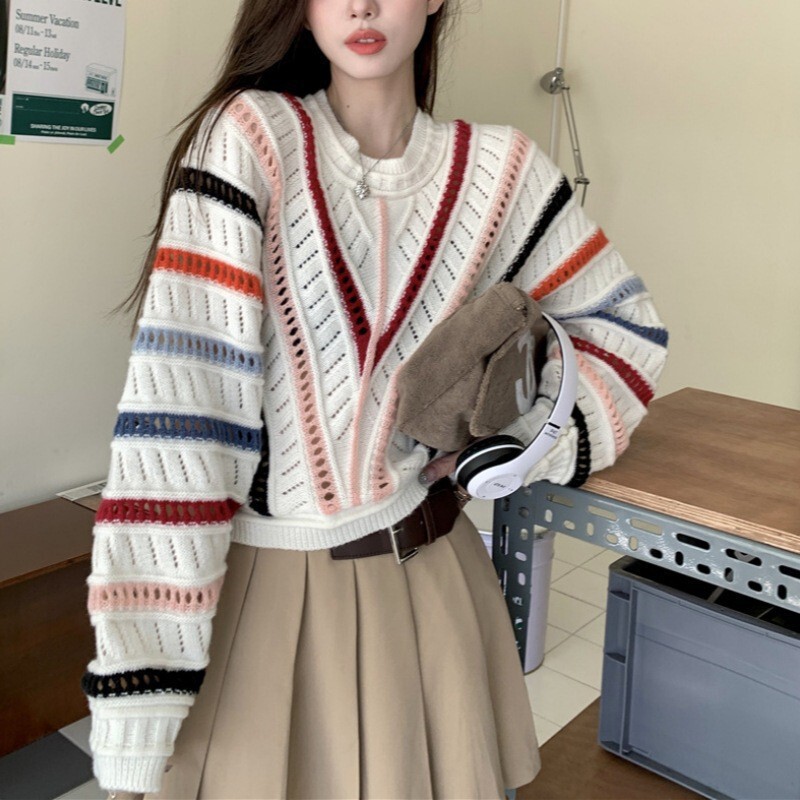 New Vintage Style Tops for Spring and Autumn, Chic Rainbow Striped Hollow-Out Knit Sweater with Round Neck for Women