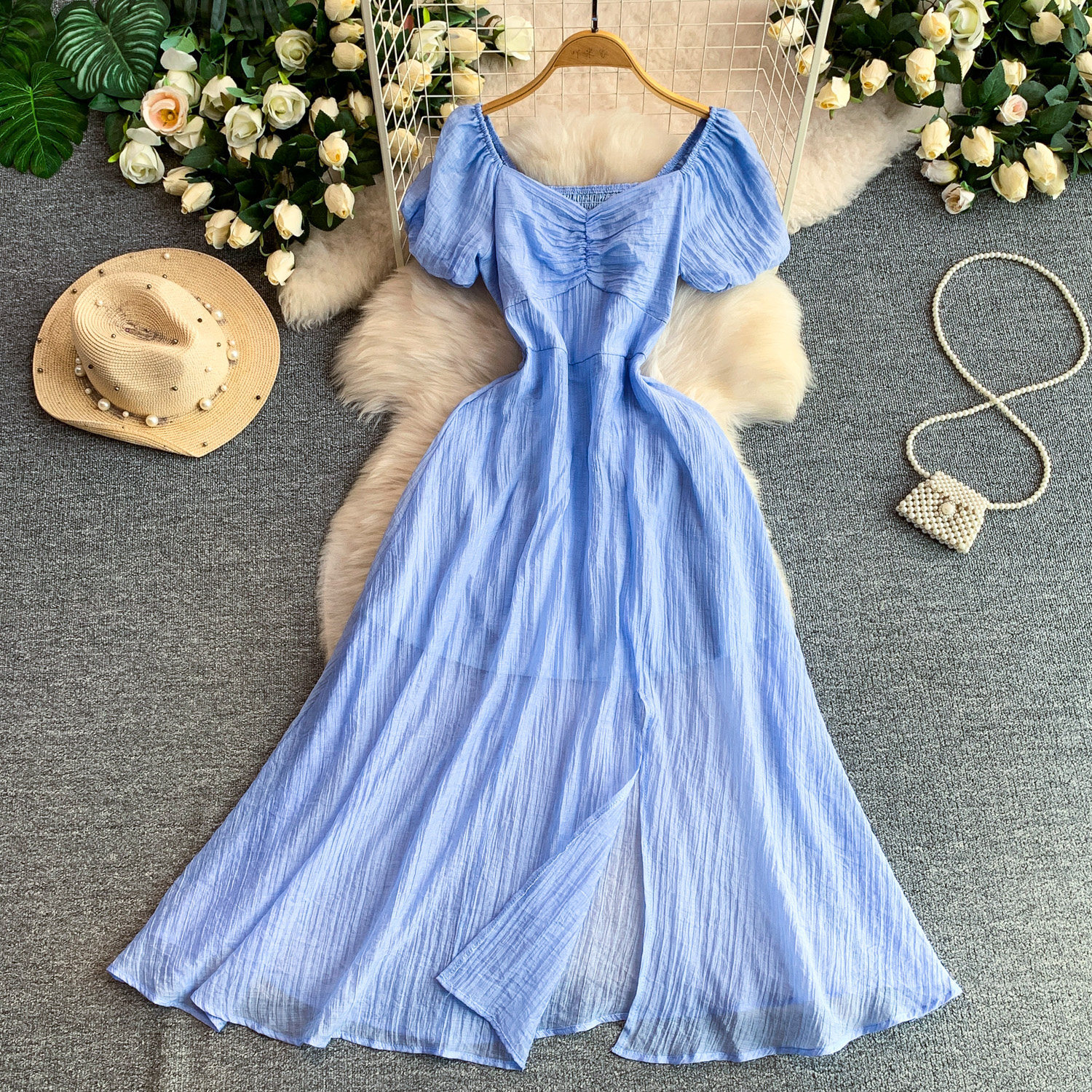 Women's French Style Elegant Square Neck Puff Sleeve Dress Casual Slit Long Skirt Pleated Waist Slimming Summer Style_ecoleips.com