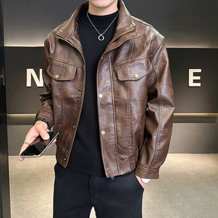 2025 Spring Men's Biker Leather PU Leather Jacket Coat Lapel Slim Fit Men's Leather Jacket
