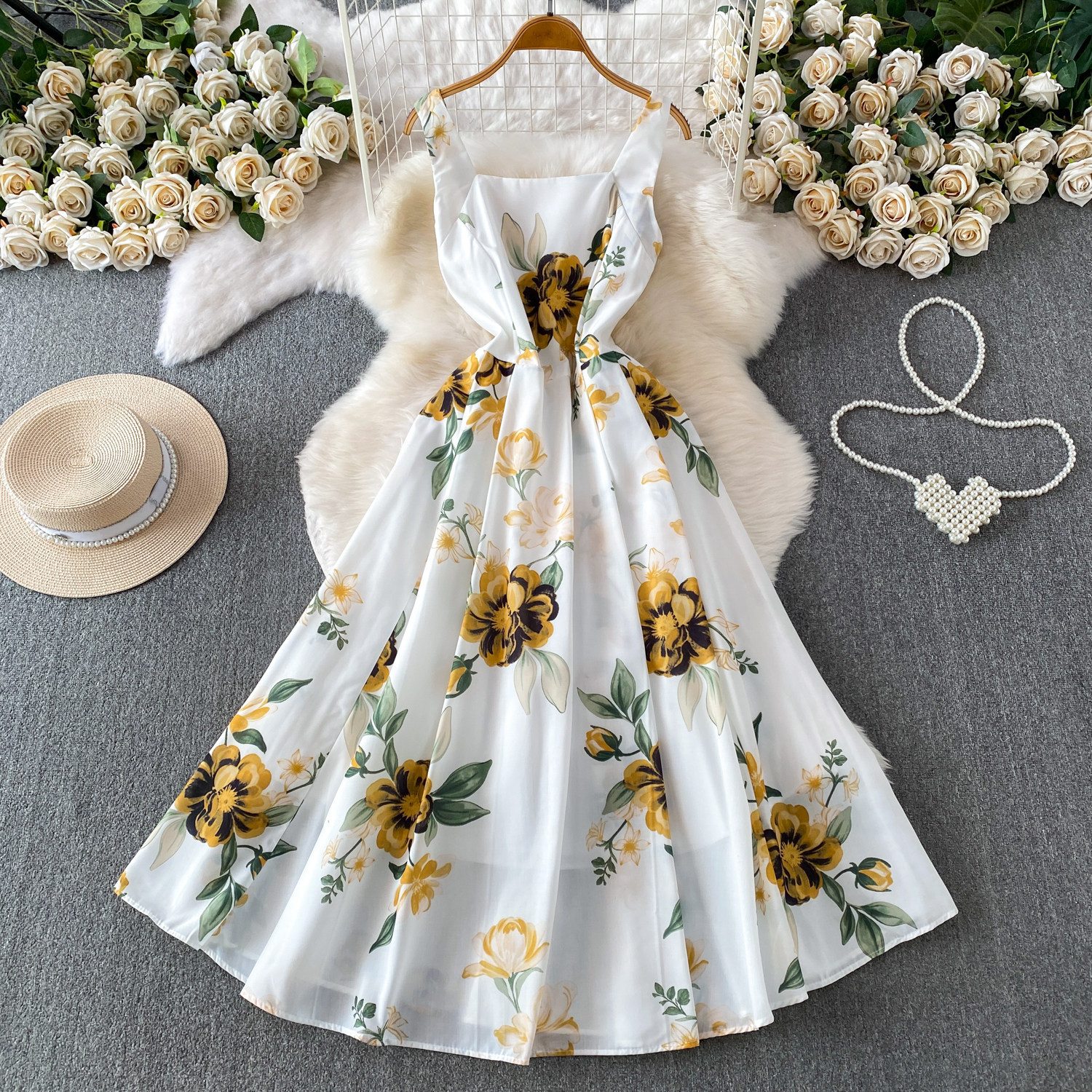 Romantic Floral Print Square Neck Dress European American Style Summer Suspender High Waist Cinching Slimming Full Skirt Women's Clothing_ecoleips.com