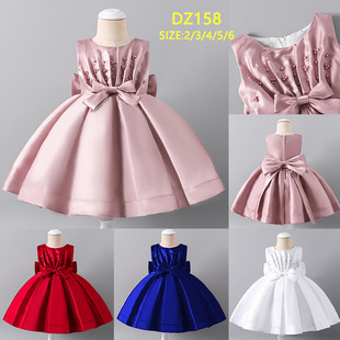 European and American style cross-border foreign trade girls evening dress solid color bow round neck vest costume in stock princess dress