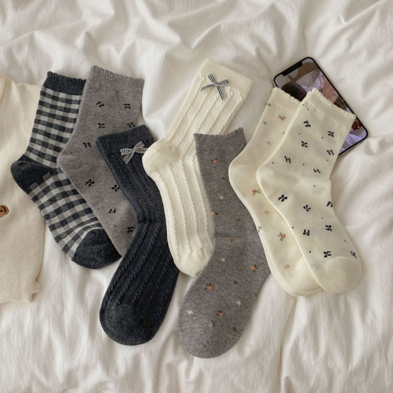 Japanese Retro Girl Three-Dimensional Bow Socks Plaid Mid-Calf Socks Textured Korean Rose Slouch Socks Japanese Retro Girl Three-Dimensional Bow Socks Plaid Mid-Calf Socks Textured Korean Rose Slouch Socks