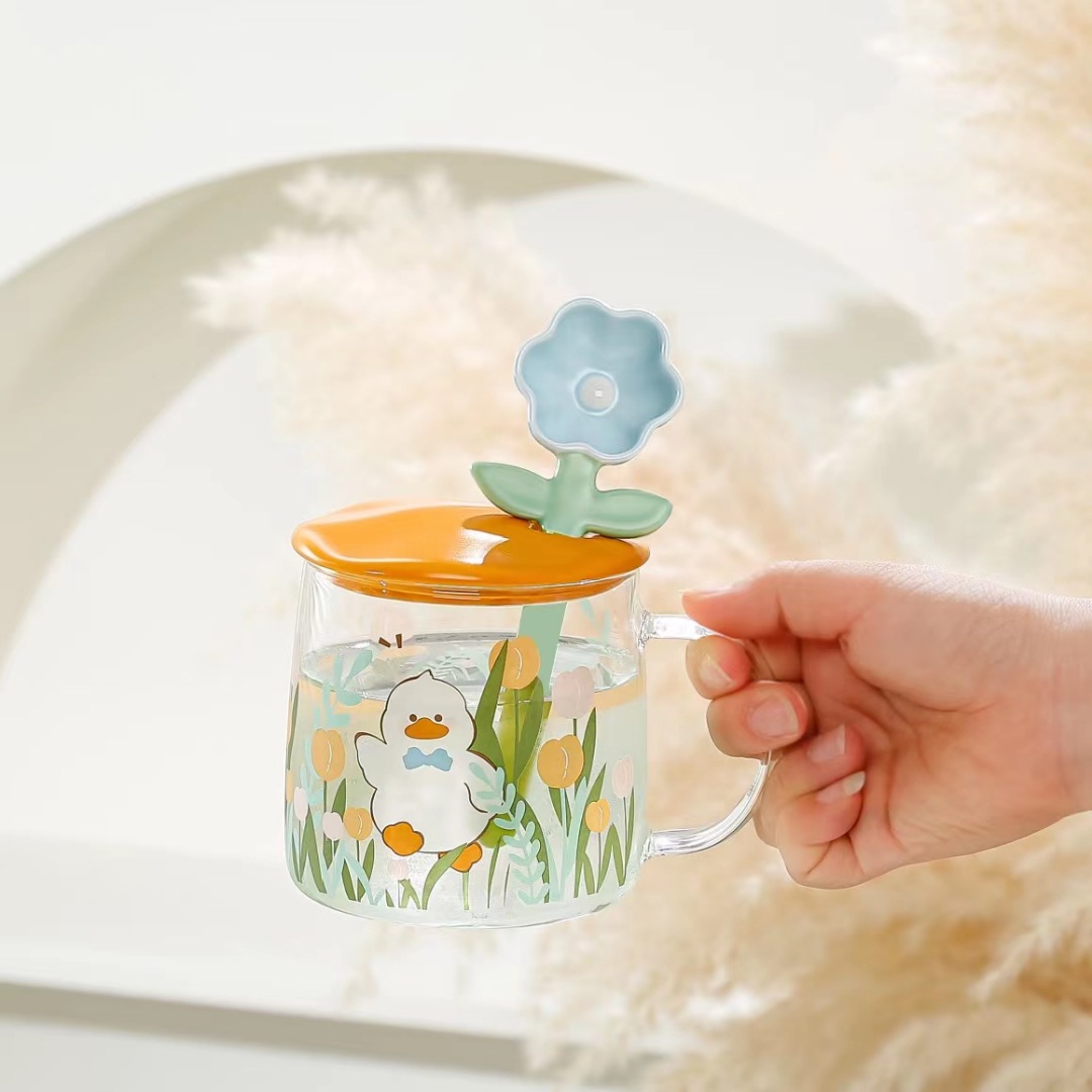 Creativo personalizado Flor de vidrio con tapa cuchara pequeño animal fresco de alto aspecto chica regalo casa taza