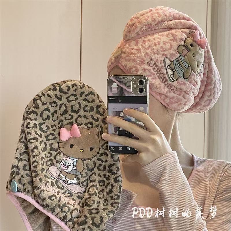 Leopard Print Kitty Quick-Dry Hair Towel Wrap, Thick Absorbent Hair Drying Towel for Home Use, Girls' Shower Cap Leopard Print Kitty Quick-Dry Hair Towel Wrap, Thick Absorbent Hair Drying Towel for Home Use, Girls' Shower Cap