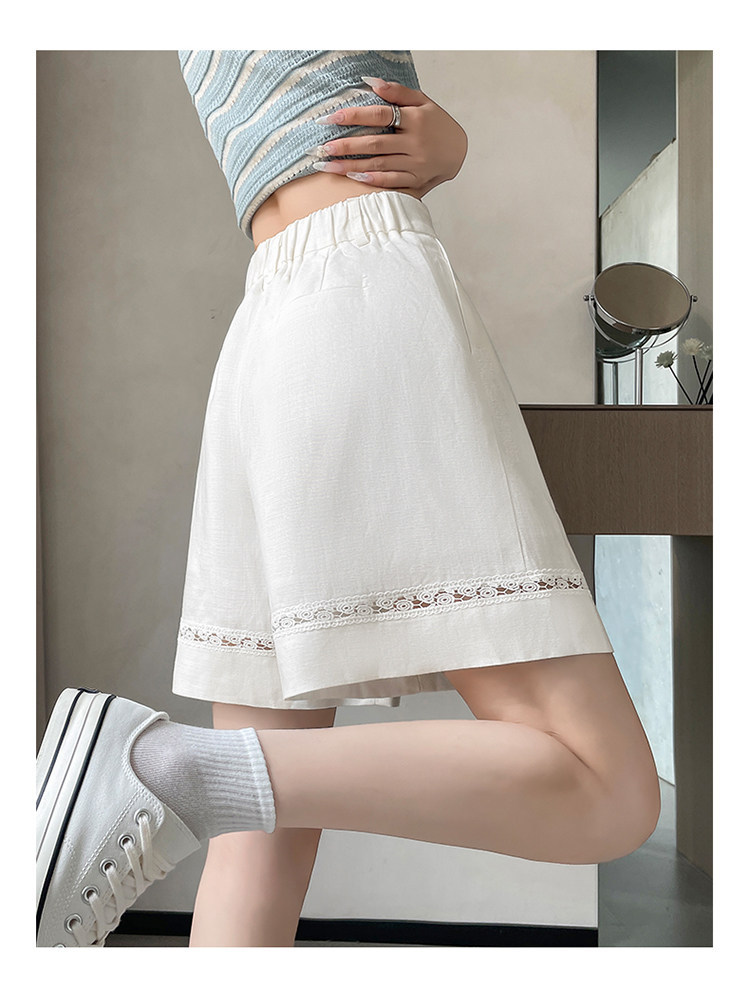 Quần short vải lanh nữ cạp cao ống rộng dáng chữ A — Xanh lông mòng đen chi tiết 41