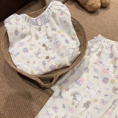 胖mm睡衣女带胸垫春秋款云朵棉长袖日系ins卡通家居服套装可外穿