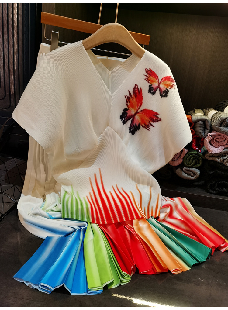 Elegant Butterfly Print Two Piece Set For Women V-Neck Short Sleeve Top & Pleated Midi Skirt Casual Mid-Calf Length Polyester_ecoleips.com