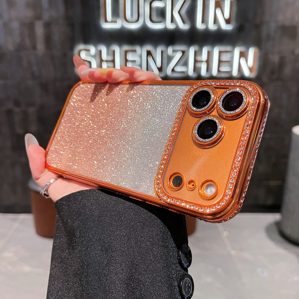 Adatto per iPhone 17 Pro Max con bordi quadrati impreziositi da diamanti, custodia glitterata sfumata per 16 Pro, 14/13, chiaro_voghion.com