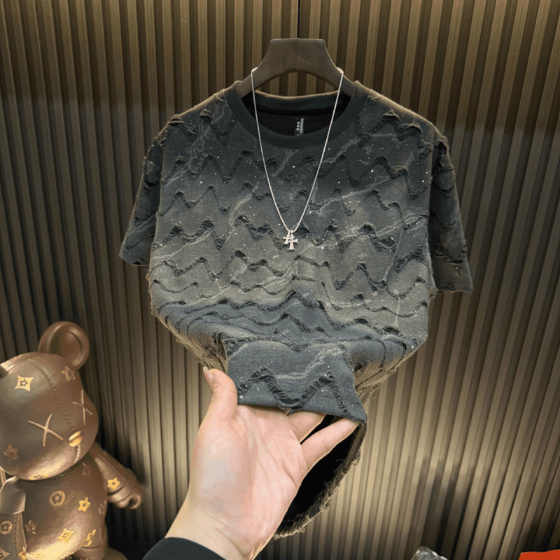 Summer New Style Shiny Ripped Short-Sleeve T-Shirt for Men, Fashionable and Trendy, Light Luxury, Versatile, Loose Fit, Round Neck, Half-Sleeve Summer New Style Shiny Ripped Short-Sleeve T-Shirt for Men, Fashionable and Trendy, Light Luxury, Versatile, Loose Fit, Round Neck, Half-Sleeve