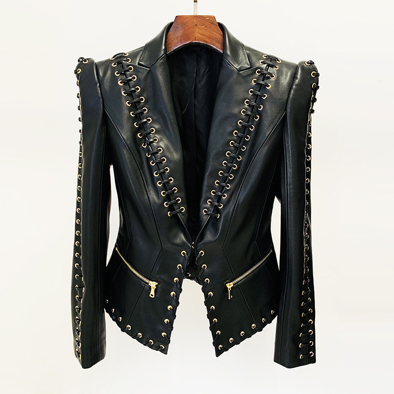 In Stock 2026 New European and American Celebrity Fashion Heavy-Duty Eyelet Lace-Up Slim-Fit Leather Suit Jacket