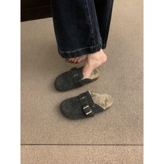 厚底加绒半拖勃肯鞋毛毛鞋女鞋子外穿保暖拖鞋棉鞋乐福鞋单鞋