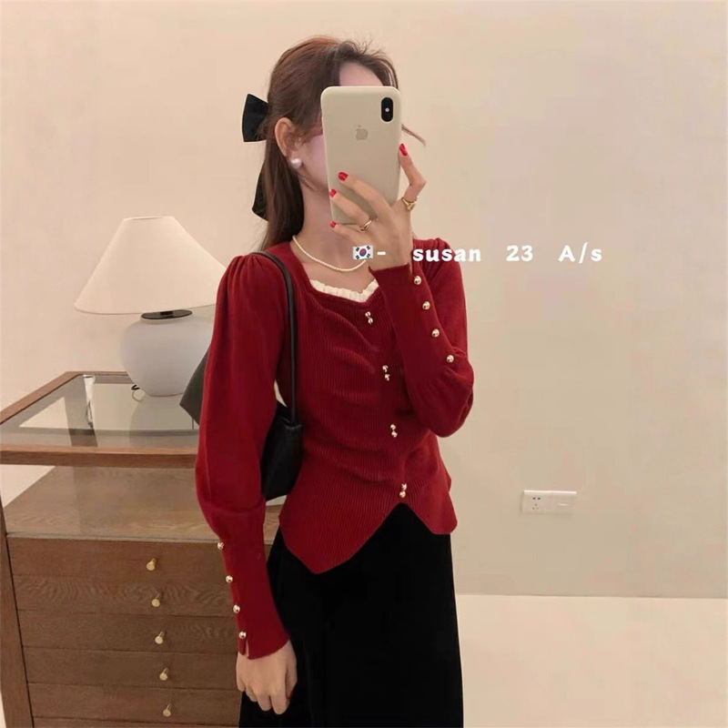 Women's Autumn and Winter New Korean Style Chic and Beautiful Square Collar Lace Pleated Versatile Long-Sleeved Tops for Women