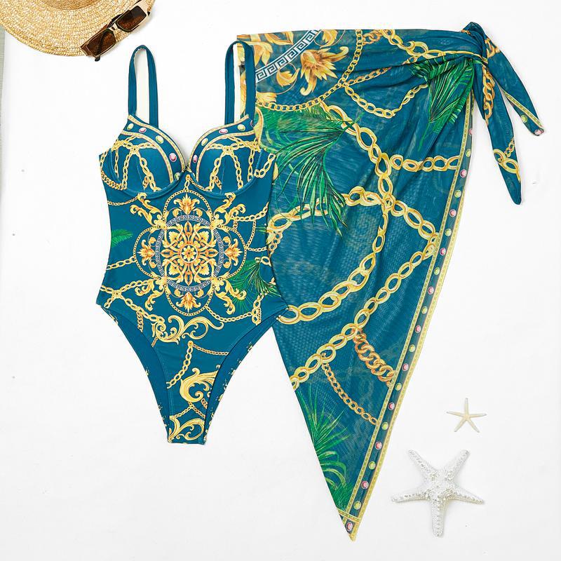 Traje de Baño de una Pieza Estilo 2025 con Aro y Estampado Posicionado, Traje de Baño de Cintura Alta, Conjunto de Bikini de Dos Piezas