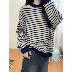 工厂批发春秋美式复古条纹圆领女卫衣新款oversize设计感小众上衣