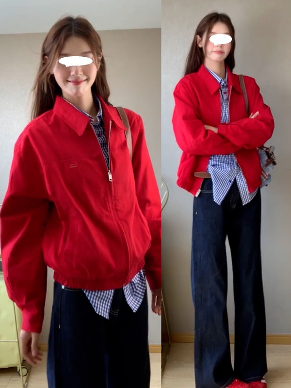美式复古红色哈灵顿夹克外套女秋季2025新款小个子早秋休闲上衣潮|undefined