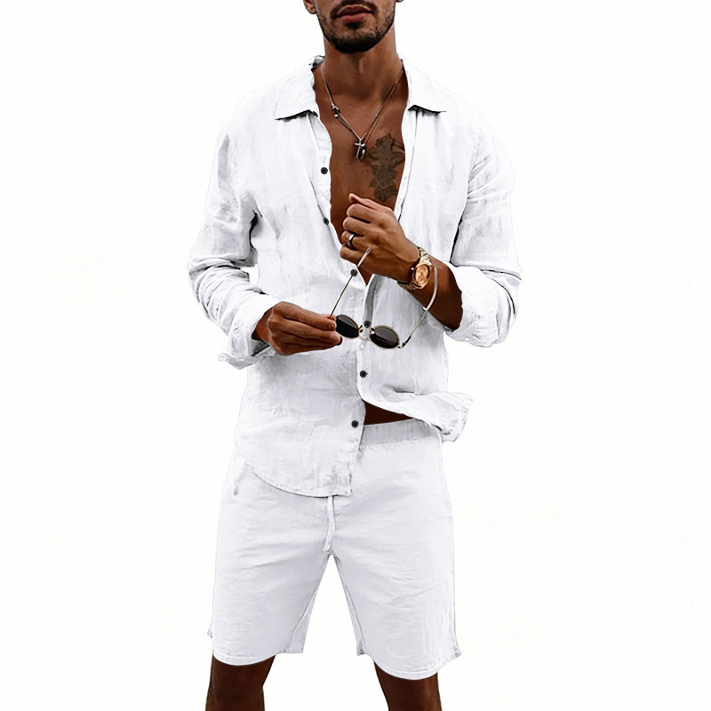 Herren Leinenhemd Und Shorts Set Sommer Freizeit Strand Outfit_voghion.com