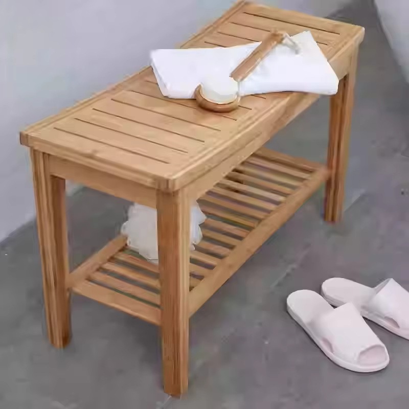 Taburete de baño europeo de 2 pisos, con asiento grueso, asiento de bambú y madera SPA taburete de ducha de bambú impermeable