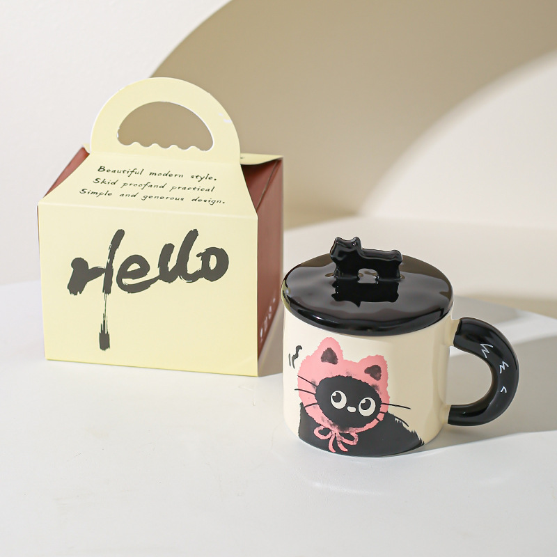 Cute gato gato taza de oficina taza de cerámica con taza de agua cubierta regalo pareja acompañante caja de regalo creativa de cumpleaños