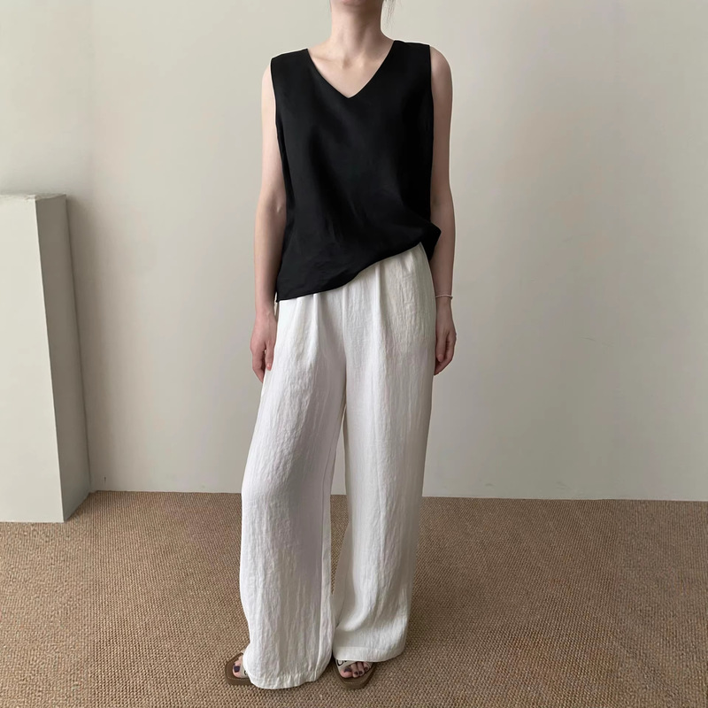White Textured Milk Leather Pants with a Relaxed and Casual Feel, Drapey Floor-Length Loose Straight Wide-Leg Pants for Women