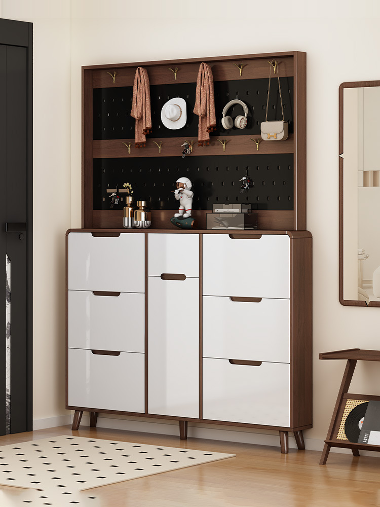 Solid Wood Tipping Shoe Cabinet for Home Entrance, Entrance Cabinet, Integrated Wall-Mounted Clothes Hanger, Extremely Narrow Storage Cabinet