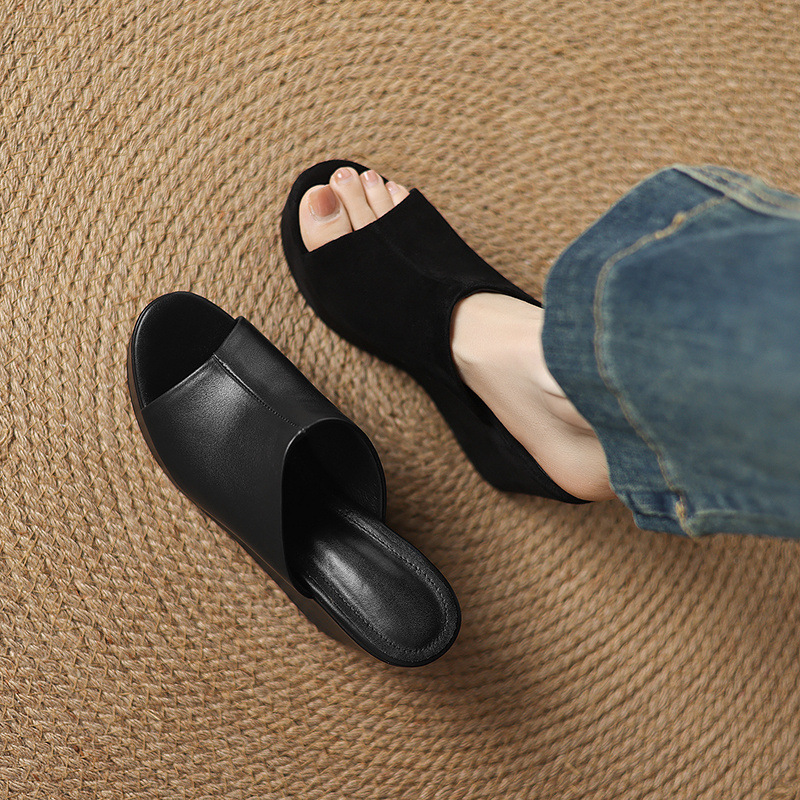 Sandal cao gót đế xuồng nữ hở mũi quai ngang gót 10 cm — Đen [da cừu]