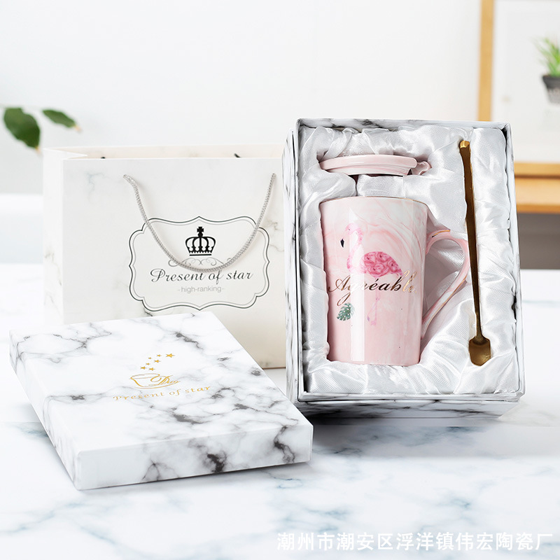 大理石纹咖啡杯礼盒装高颜值火烈鸟陶瓷马克杯mug带盖茶水杯子cup