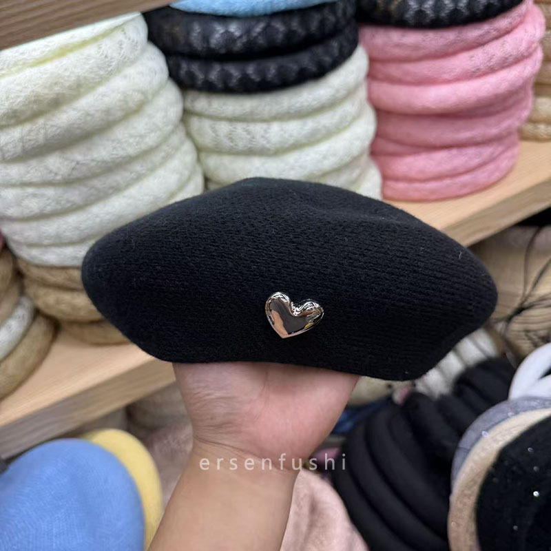 Japoński styl artystyczny, wszechstronny, dzianinowy beret w kształcie serca dla kobiet, jesień zima, moda retro, wyszczuplający twarz, kapelusz malarza_voghion.com