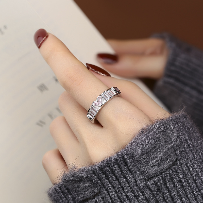 5g Weight Zircon Inlay Material Open Ring Classification 925 Sterling Silver Zircon Open Ring Heart Shape
