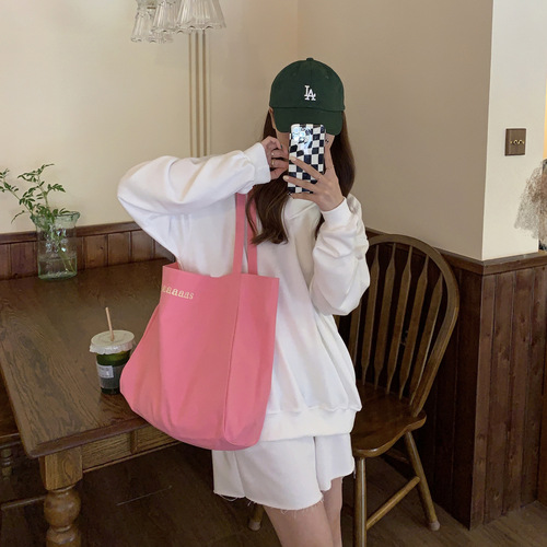 Japanese and Korean maaas candy color letter shoulder portable canvas bag ins student class bag simple environmentally friendly shopping bag