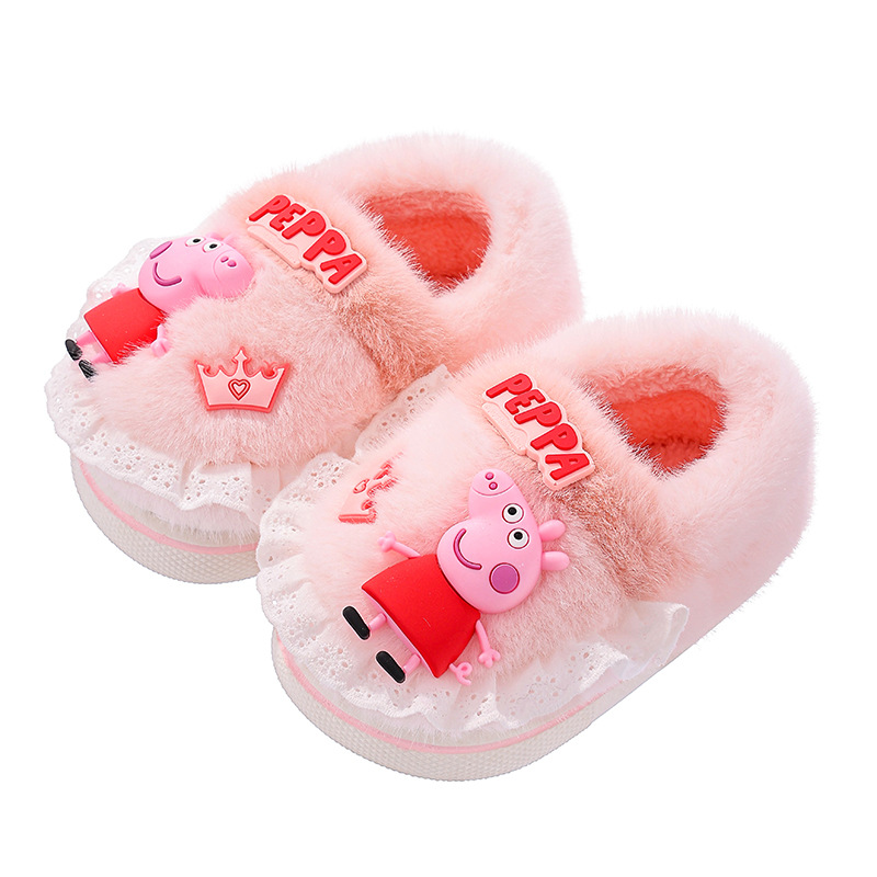 Piglet Page otoño y invierno zapatillas de algodón para niños, niños y niñas, calentamiento y pelusa para bebés y niños pequeños, zapatos de algodón con cinta elástica