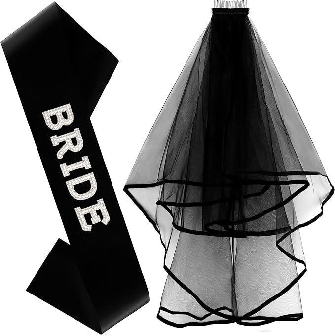 New Bride Bachelorette Party Bridal Black Veil Strap Set Prom Pearl Colored Diamond Letter Strap