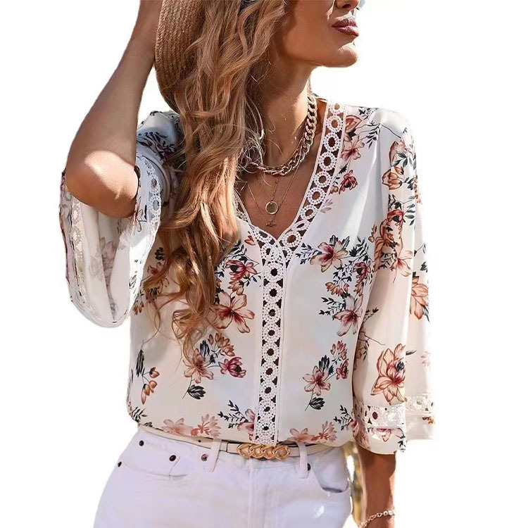 Women's summer new style loose V-neck temperament commuting bell sleeve lace top chiffon shirt_voghion.com