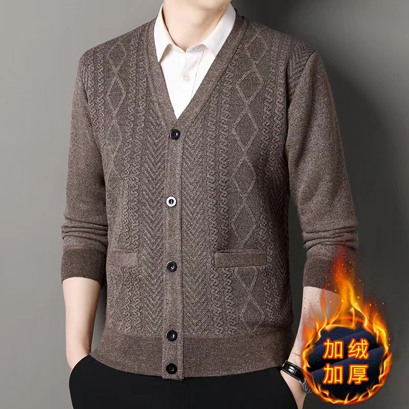 Embossed Men's 2024 Explosions Middle-aged and Elderly Dad Sweater fleece-lined Thickened Cardigan Coat Autumn and Winter Grandpa 60