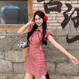 【原版做法＋拉链】辣妹镂空格纹裙女夏季修身显瘦高冷御姐风连衣