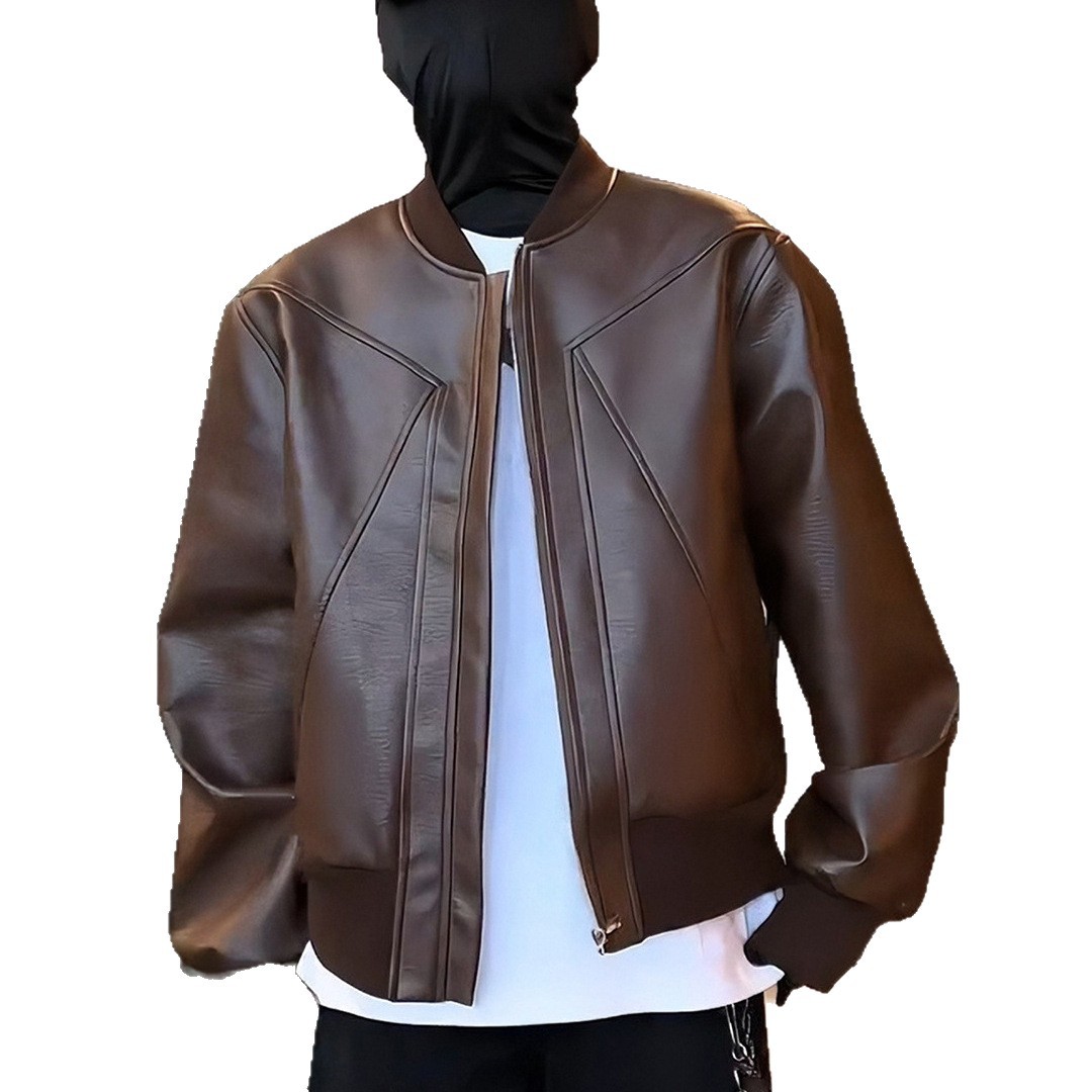 Herren Lederjacke Im Retro Stil Lockere Passform Herbst Winter_voghion.com