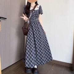 学院风甜美时尚高腰修身格纹连衣裙女夏季收腰显瘦蕾丝拼接A笙陇