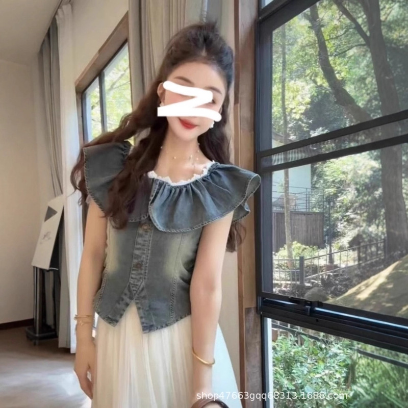 2025 Summer French Ruffle Off-Shoulder Patchwork Lace Slim Fit Washed Short Sleeve Denim Shirt Top