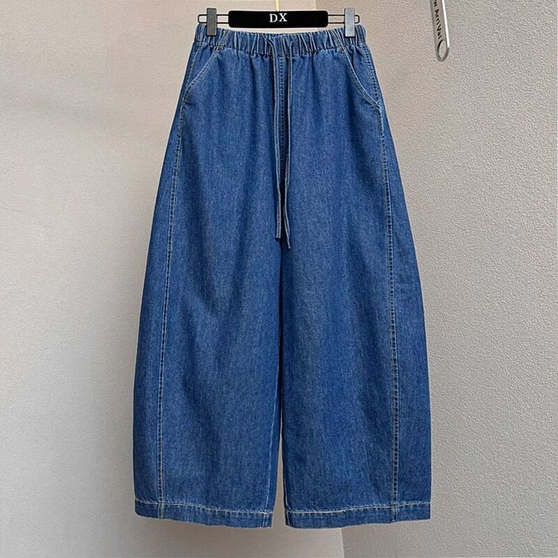 European Summer New Style Elastic High-Waist Rope Straight Loose and Good-Looking Blue Wide-Leg Nine-Point Jeans for Women