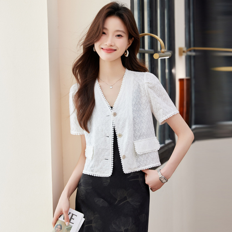 Short-sleeved Hollow-out Chanel-style Coat Women's Summer Thin 2025 New Casual Outer Wear Small Suit Short Top