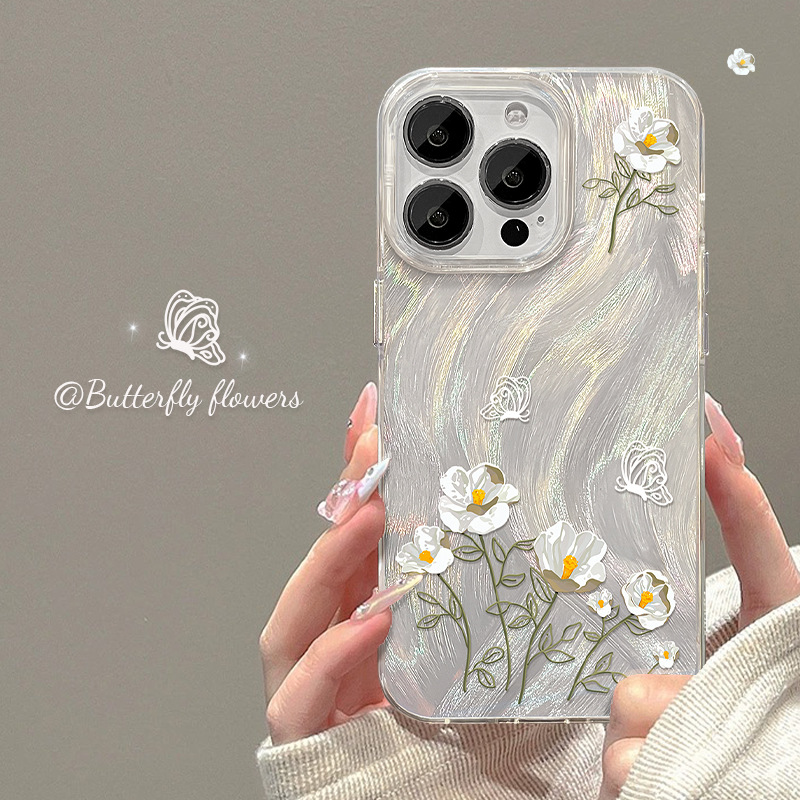 適用蘋果15pro手機殼iphone14白色花束13羽紗IMD鐳射12高級感女款