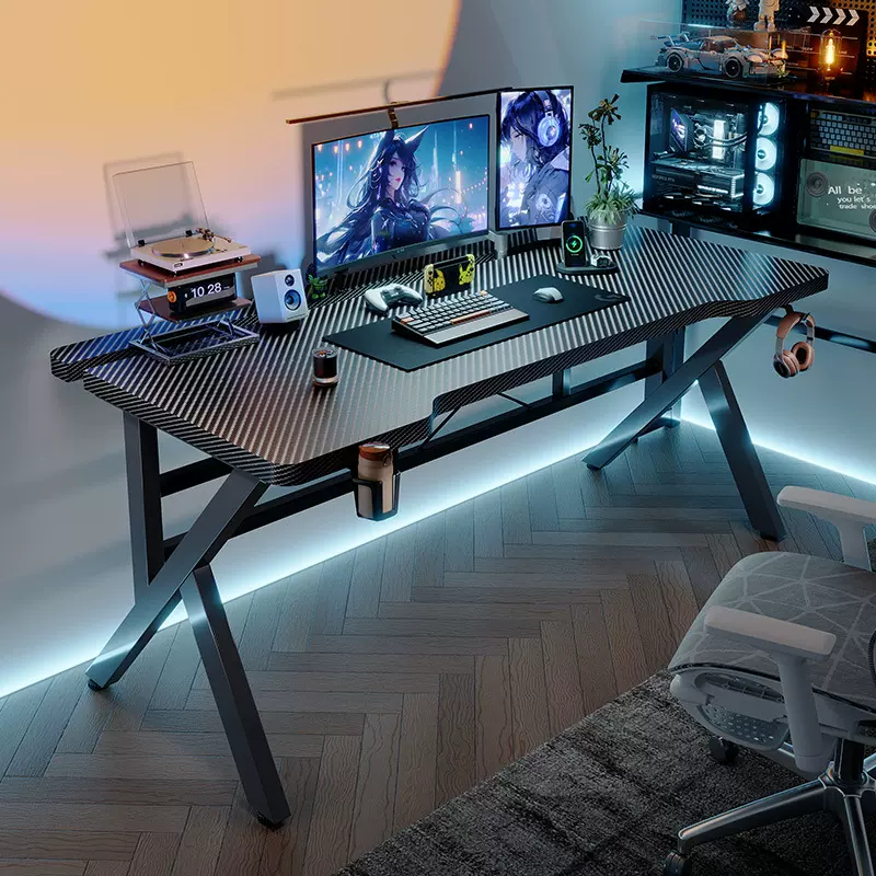 电竞桌二段分板台式家用可装显示器支架碳纤维纹理实木游戏电脑桌