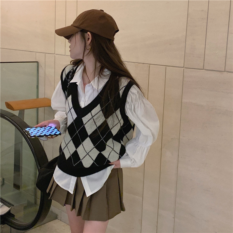 Rhombus chaleco suéter nicho chaleco primavera y otoño 2024 nuevo Popular Superior de las mujeres apiladas suéter exterior